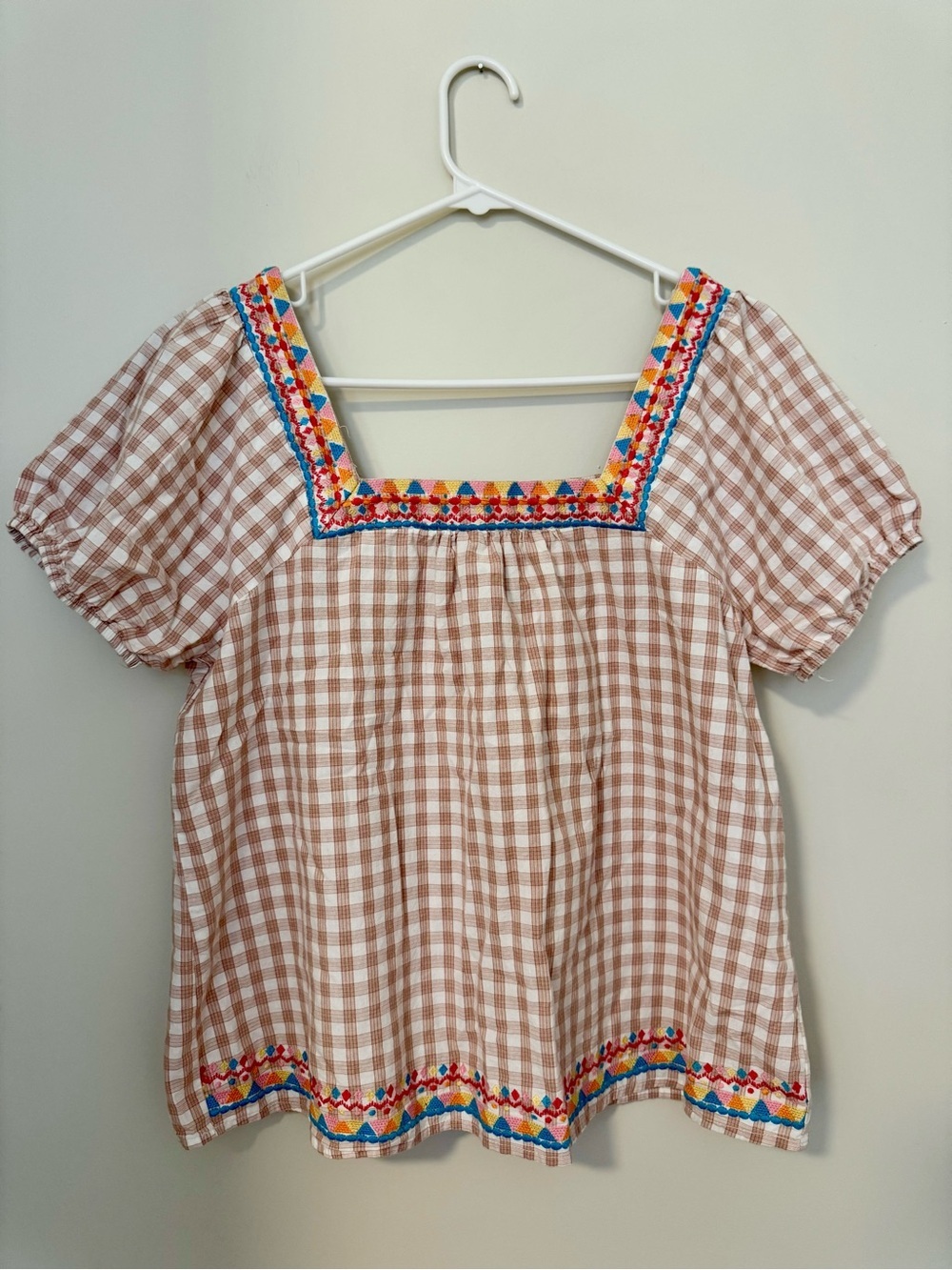 Embroidered Gingham 100% Cotton Blouse M